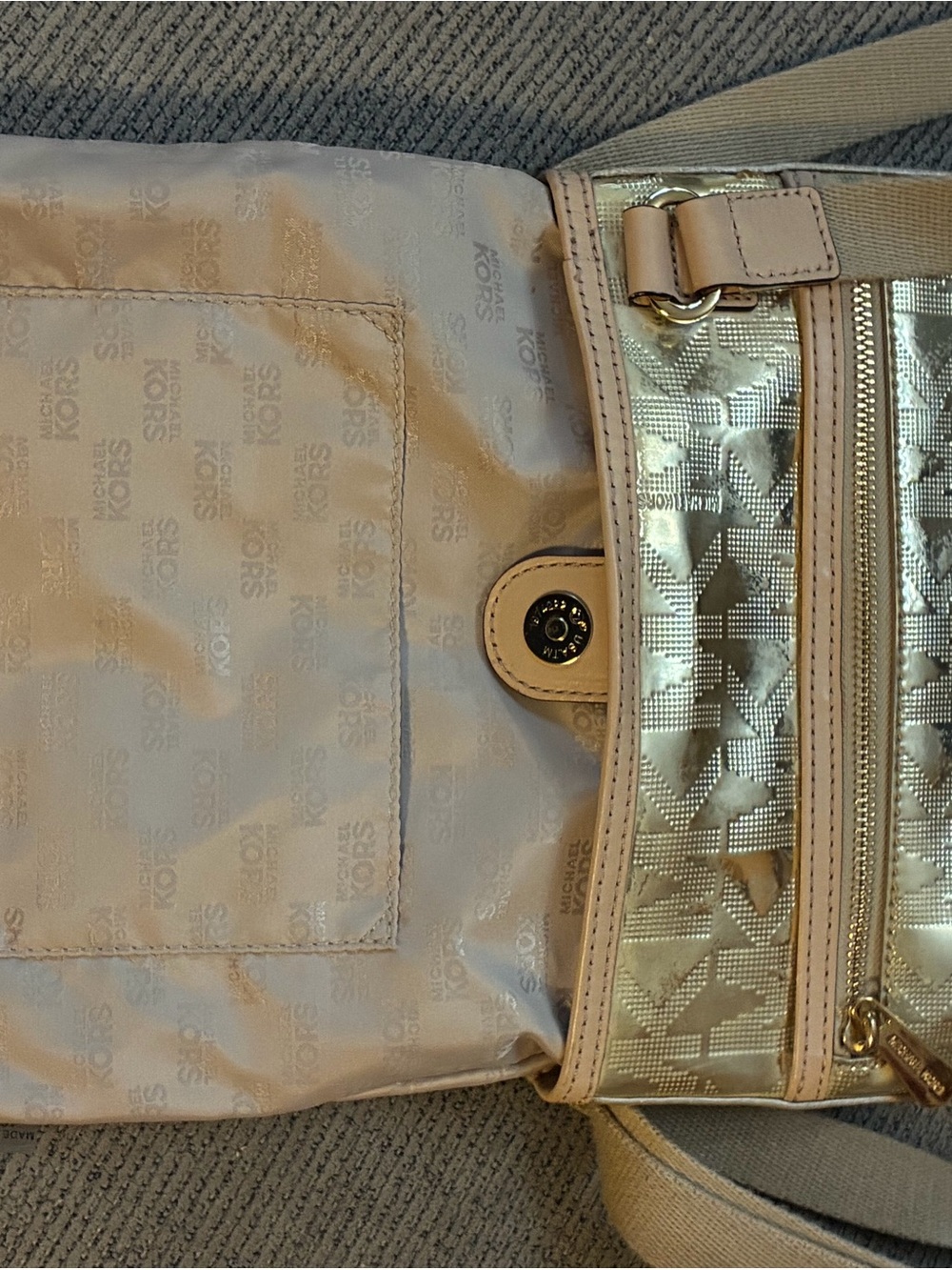 Michael Kors Slim Shiney Gold Crossbody With Canvas Strap - Picture 2 of 16
